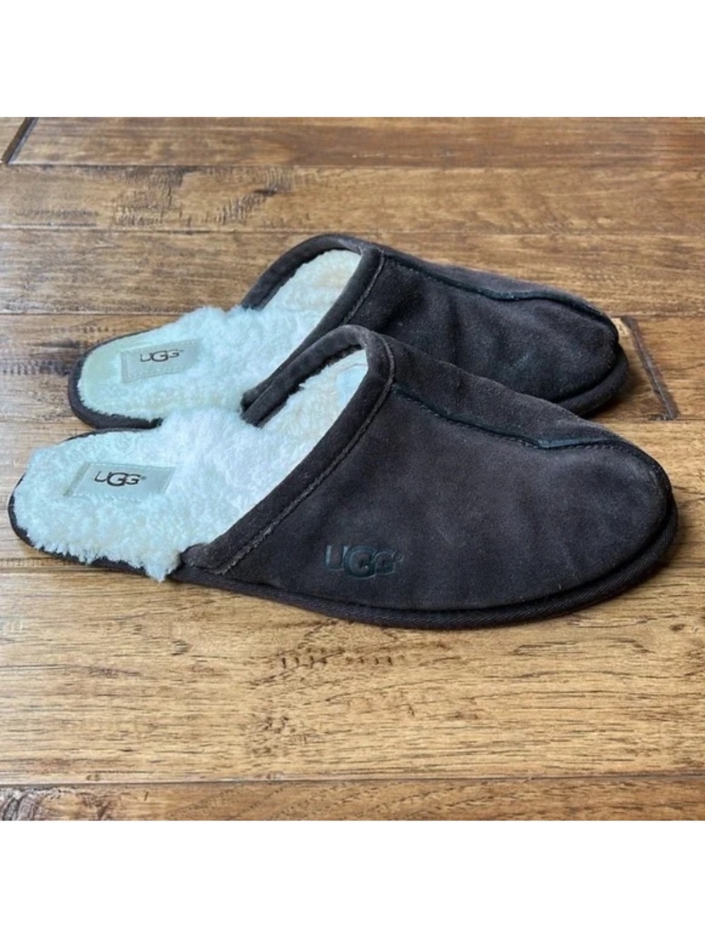 Ugg Scuff Slippers House Shoes Brown Suede Wool Shearling Lined Mens Size 10